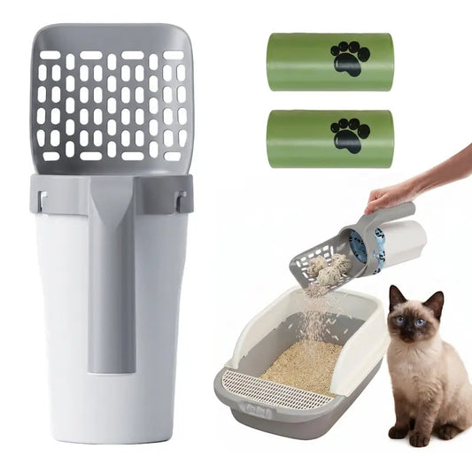 Cat Litter Scooper with Holder, Upgraded Cat Litter Shovel with Bags, 2-in-1 Detachable Sifter and Trash Box System with Refilled Bags, One-Handed Operation Kitty Poop Scooper, Ideal for Cats, Kittens