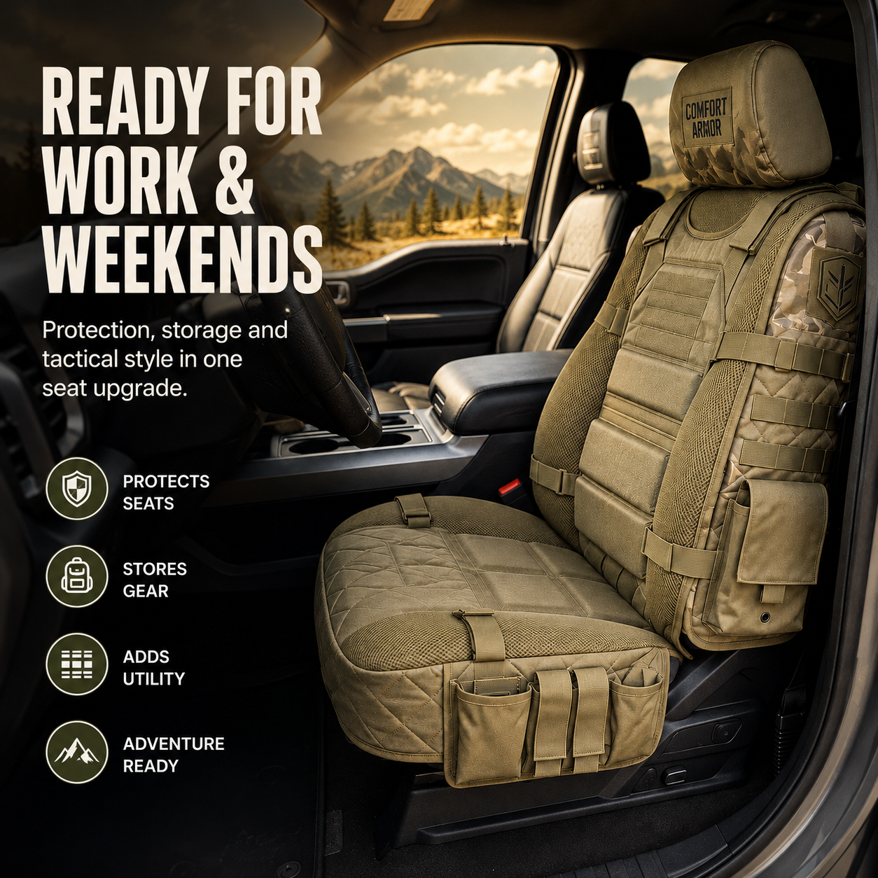 Tactical seat cover organizer ready for work and weekends