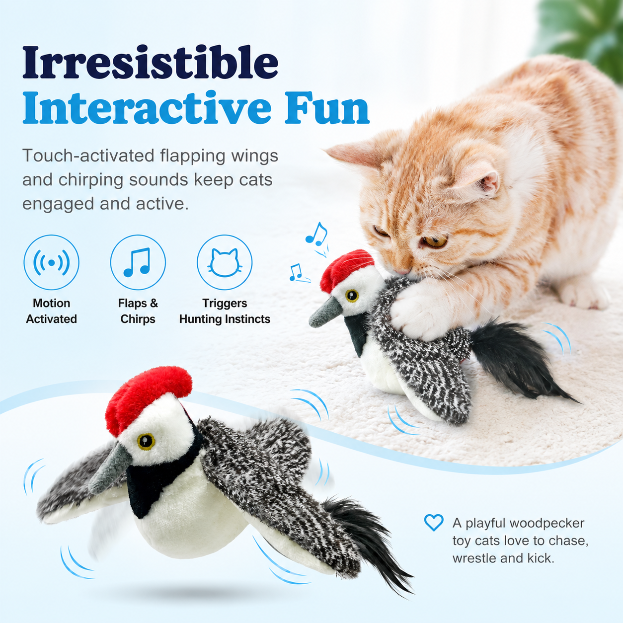 Interactive Flapping Woodpecker Cat Toy - Motion Activated, Chirping & USB Rechargeable