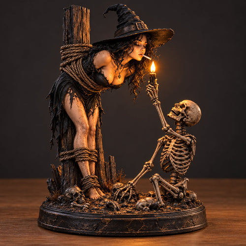 🔥 Witch & Skeleton Light-Up Halloween Figurine – Gothic Tabletop Décor
