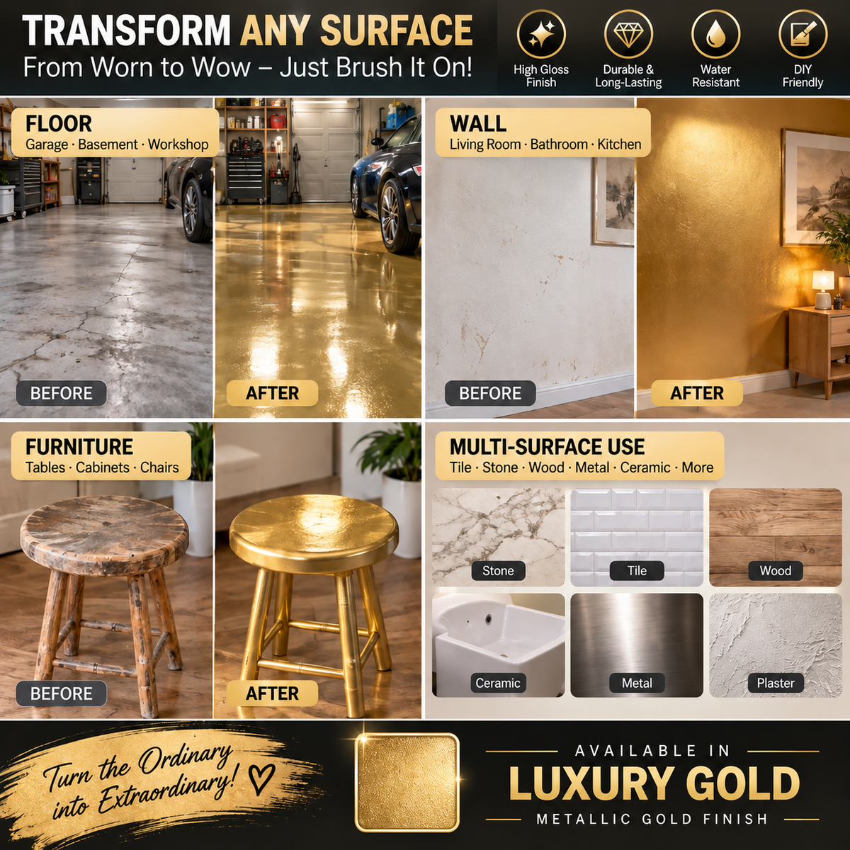 Multi-surface metallic gold coating applications