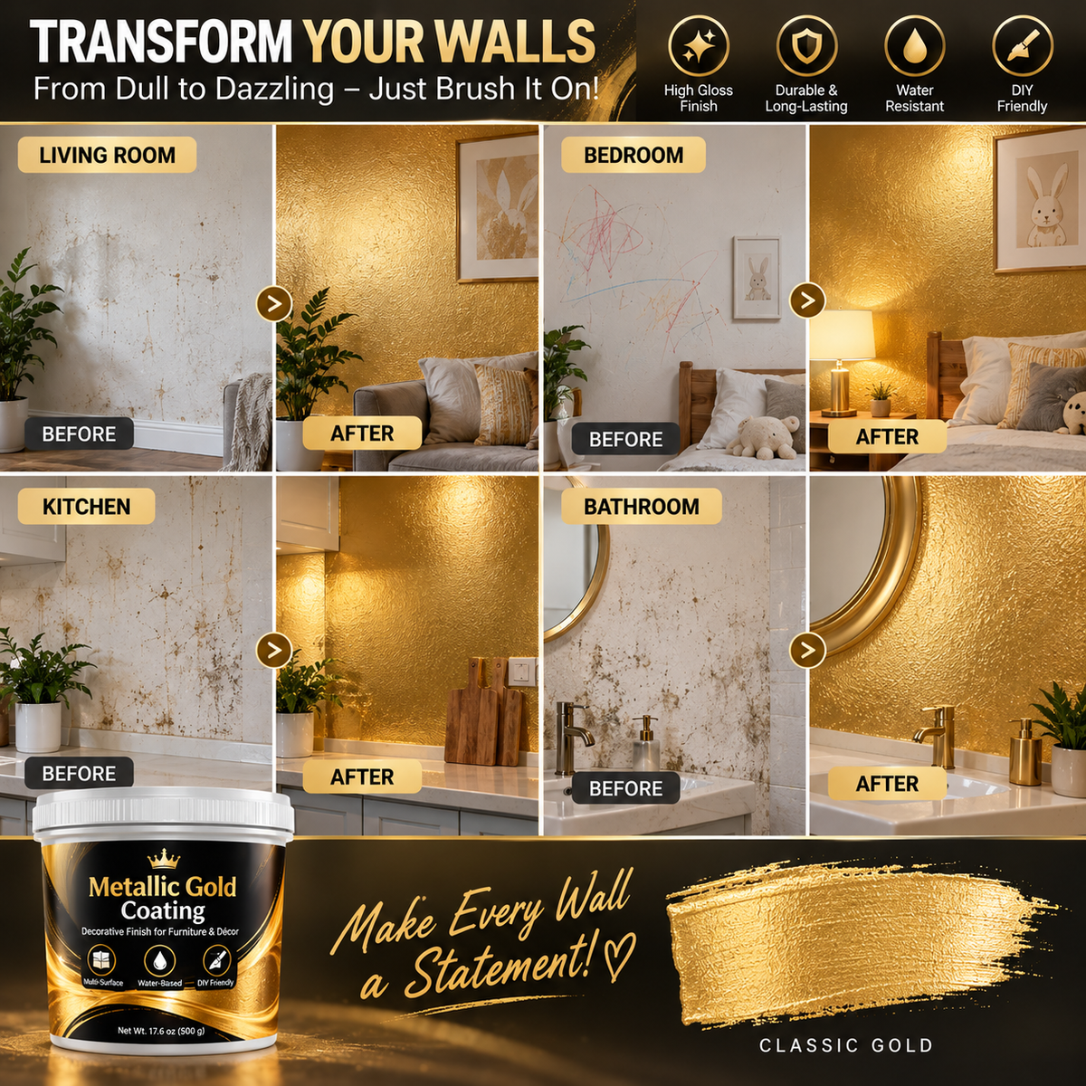 Metallic gold wall before and after examples