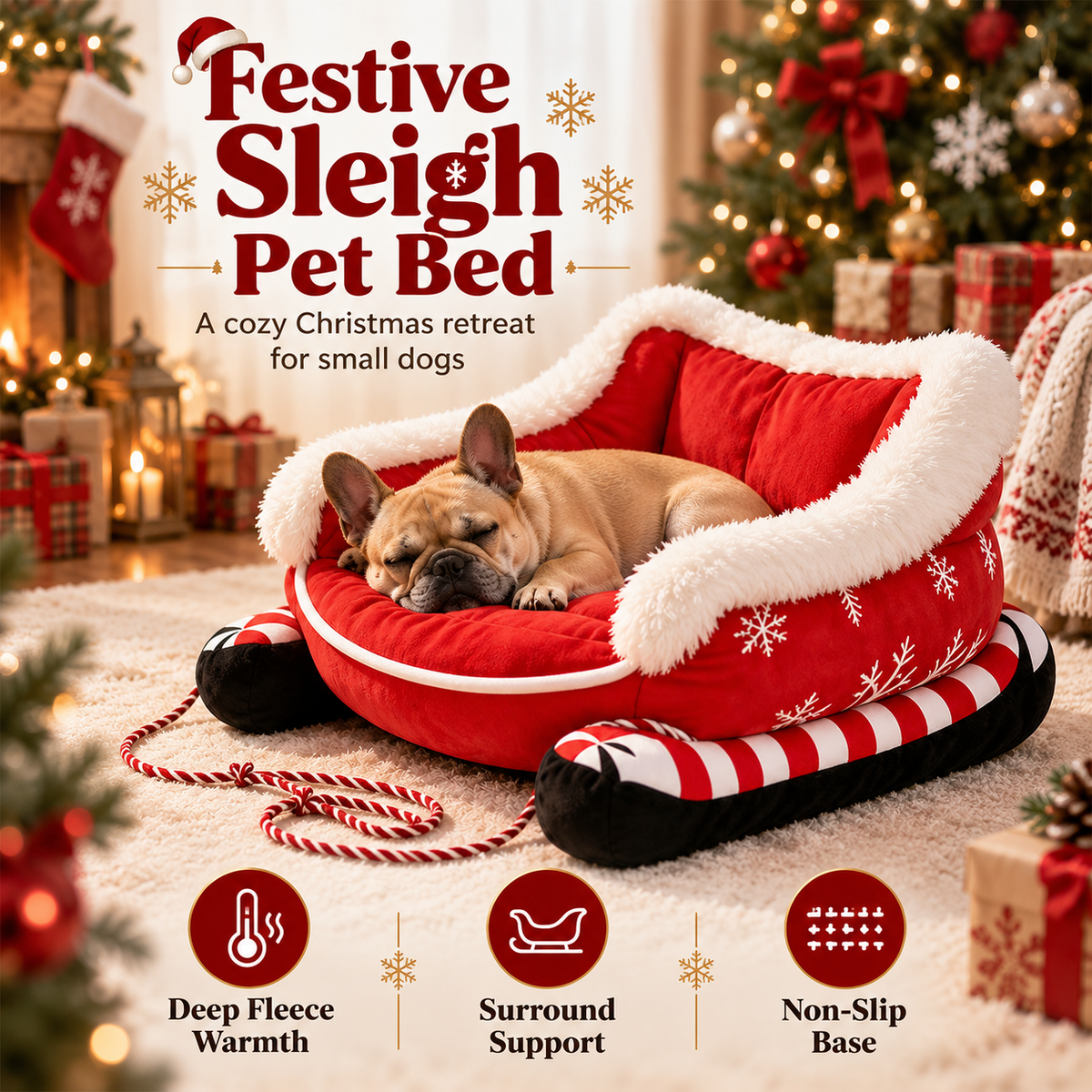 🎄Their Own Christmas Sleigh – Cozy Plush Pet Bed for Dogs & Cats