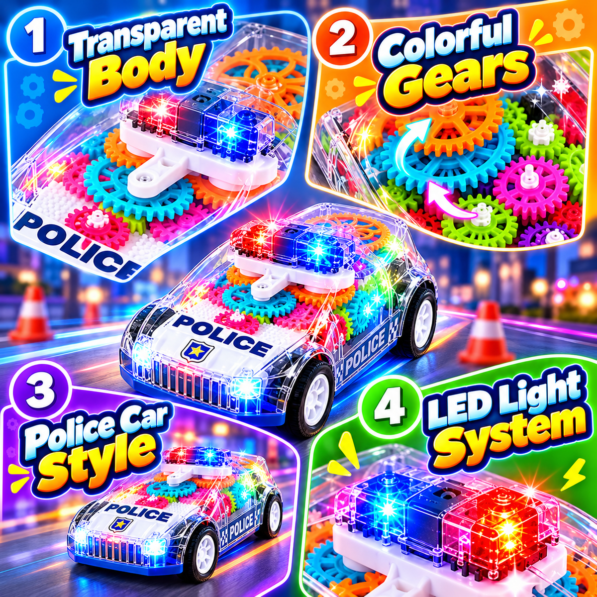 🚓 Transparent Gear Police Toy Car – Spinning Gears, LED Lights & Music
