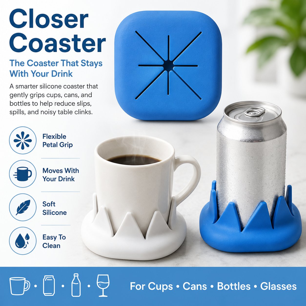 Closer Coaster: The Coaster That Follows Your Drink – Non-Slip, Reversible Silicone Coaster
