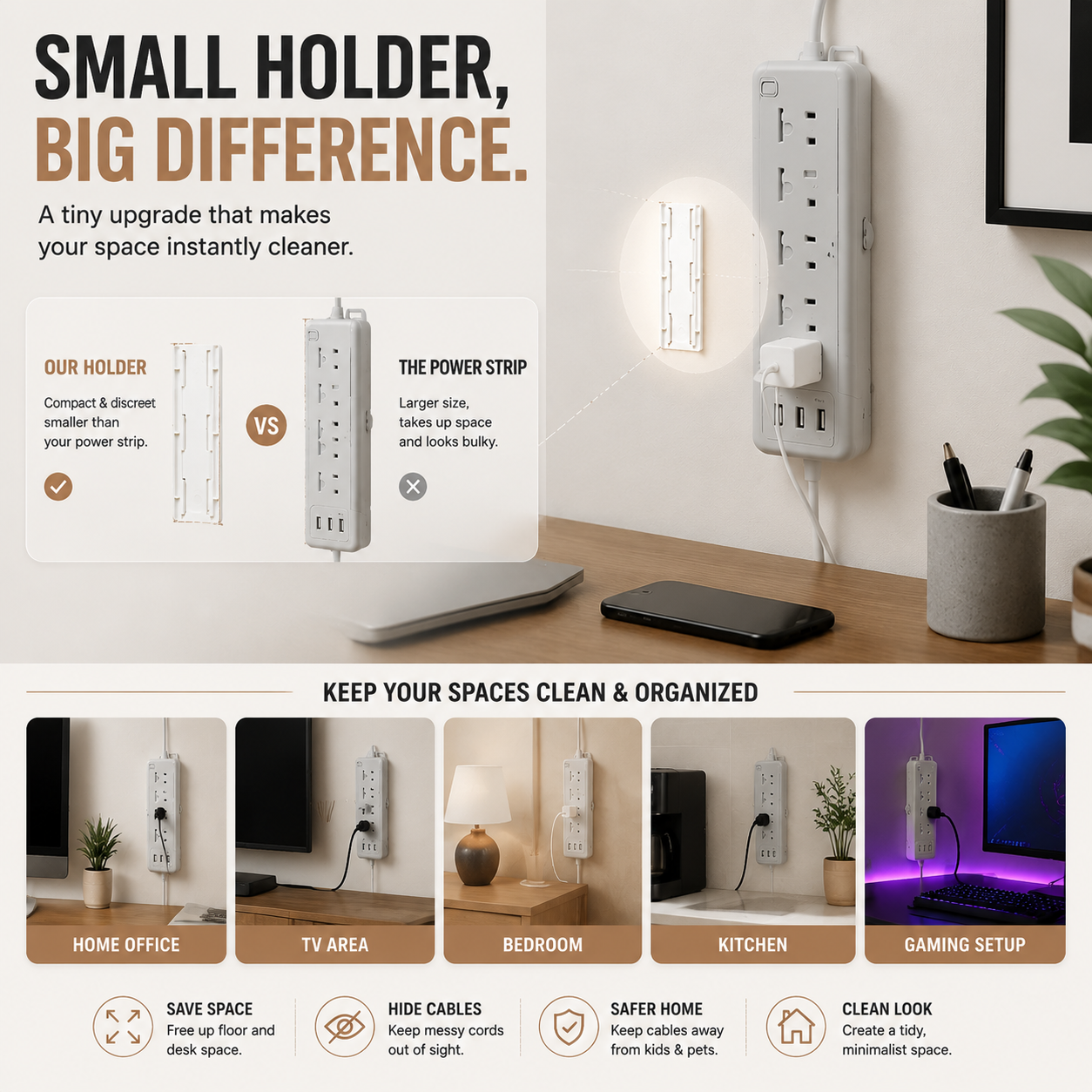 Wall Mounted Power Strip Holder – No Drill Cable Organizer for Clean & Clutter-Free Spaces
