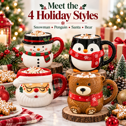 🎄 Christmas Character Mug Collection – Snowman, Santa, Penguin & Bear Stoneware Mugs