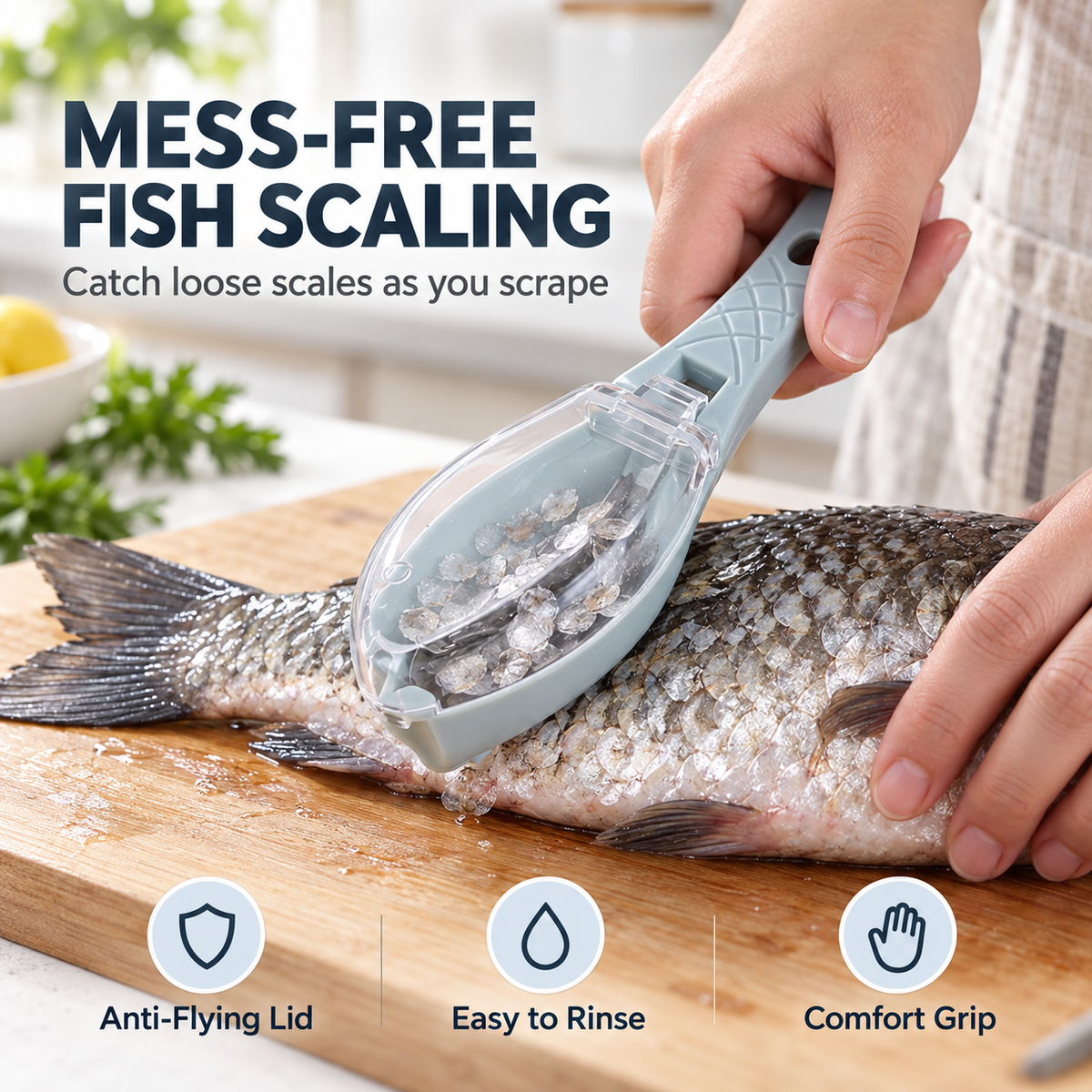 Fish scaler with clear lid collecting loose fish scales during use