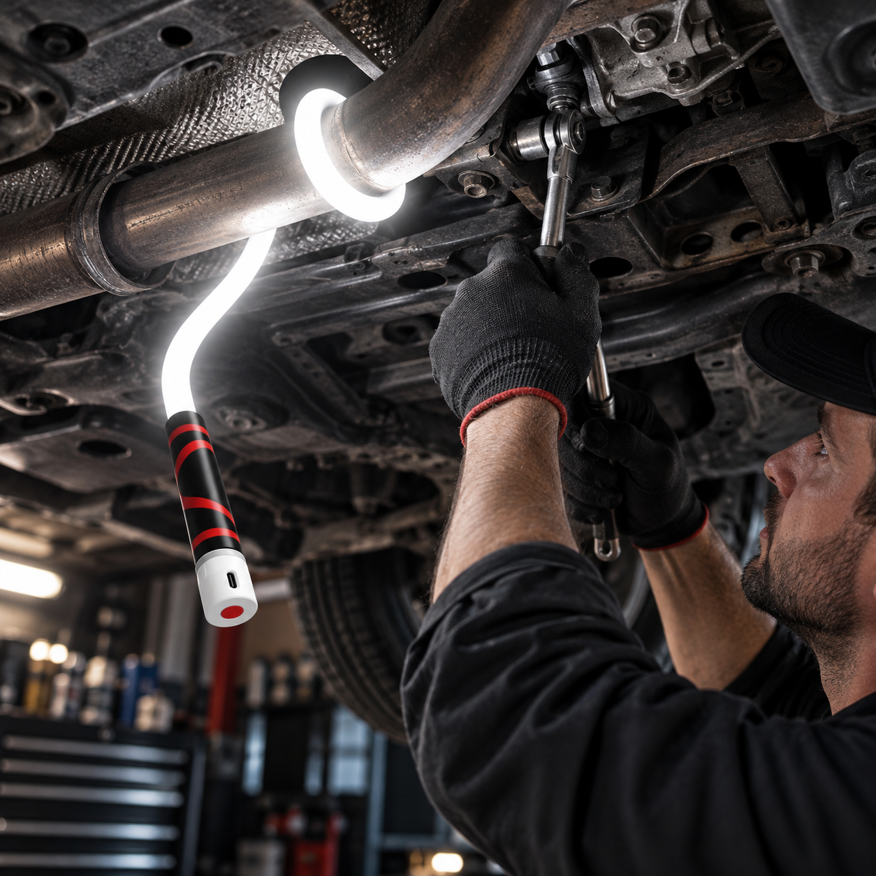 Flexible LED work light wrapped around vehicle pipe for undercarriage repair