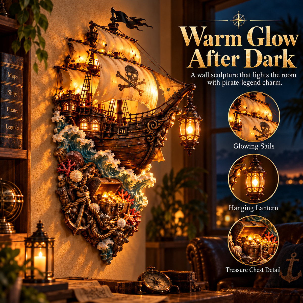 🏴‍☠️ Illuminated Pirate Ship Wall Sculpture – Nautical Treasure Lantern Décor