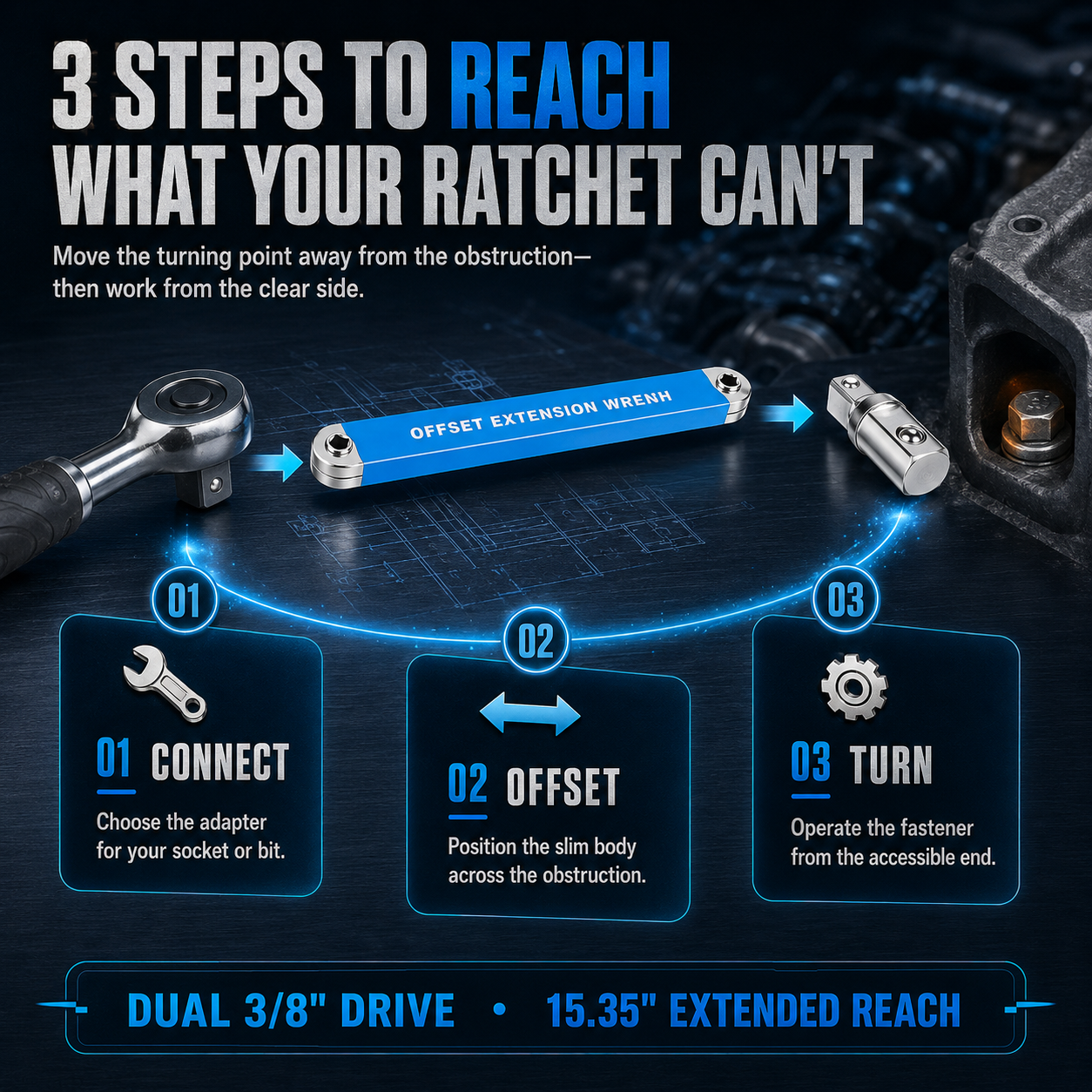 🔩3/8' Offset Extension Wrench Set – Reach Tight Bolts Without Removing Parts🔧
