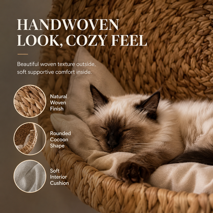 Handwoven Wall-Mounted Cat Bed – Cozy Space-Saving Cat Perch with Cushion