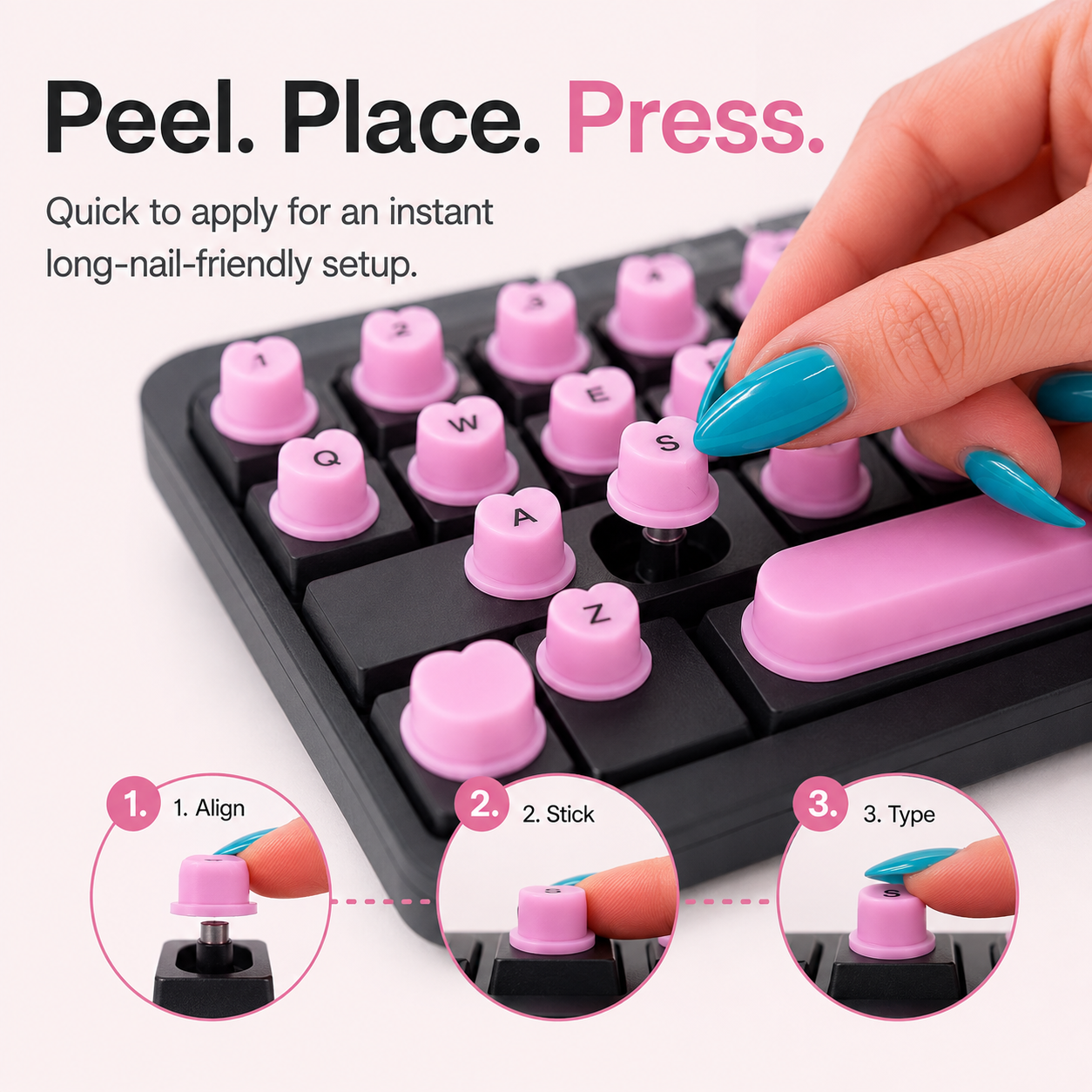 Align stick and type installation steps for pink keyboard key toppers