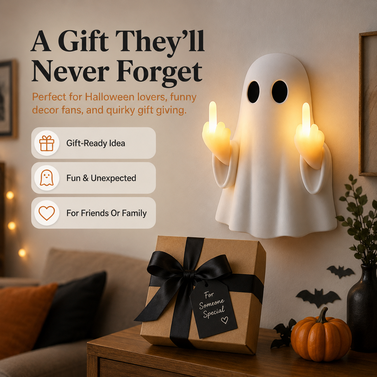 👻Middle Finger Ghost Light, Halloween Bedroom Funny LED Glow Wall Decor Lamp