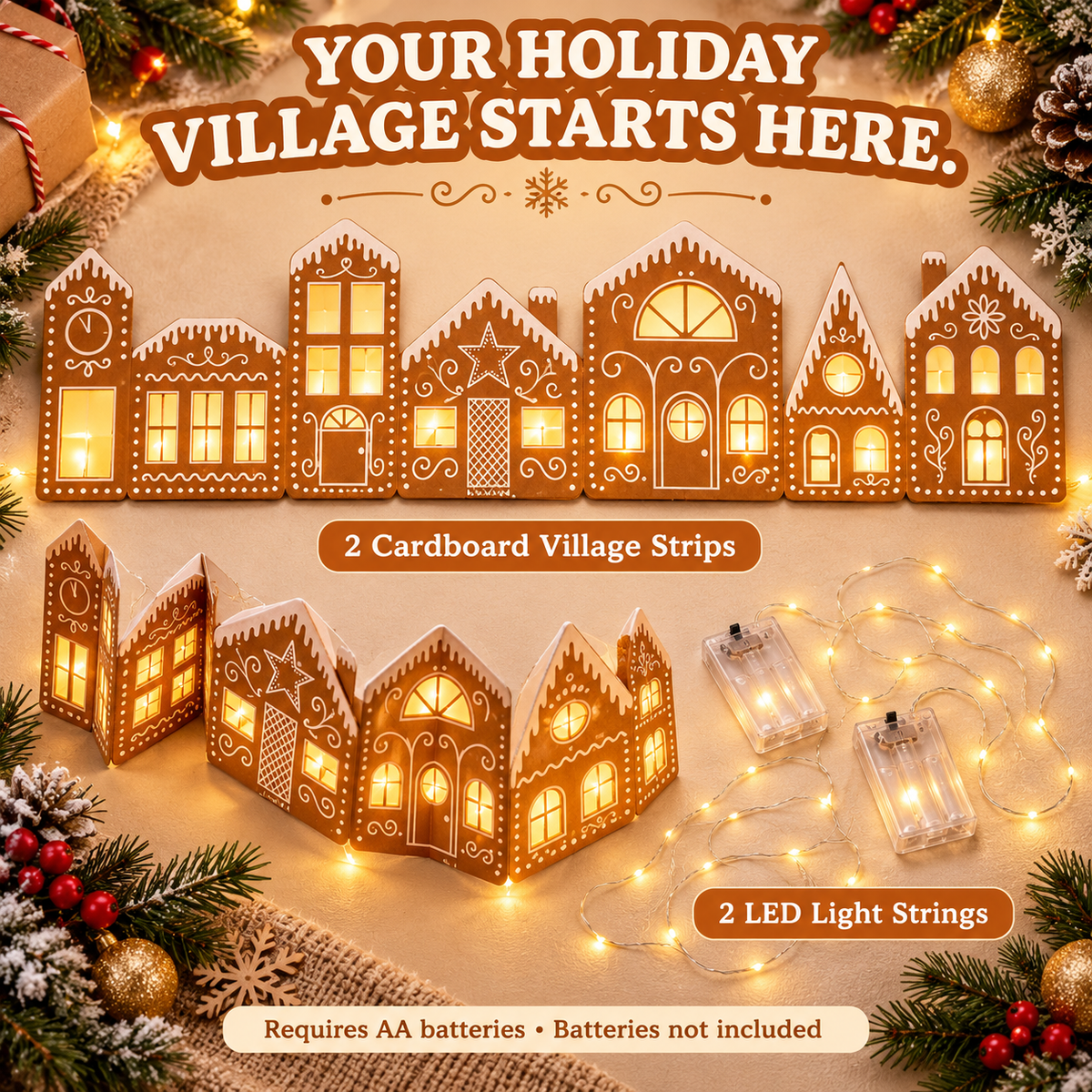 ✨Light Up the Holidays – DIY Gingerbread Village Decor Kit with Warm LED Lights