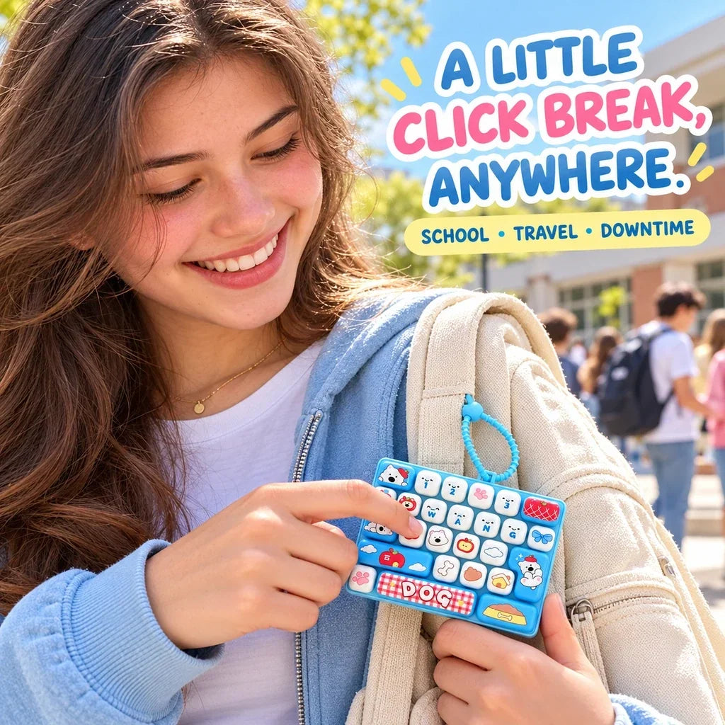 Person using a blue animal mini keyboard keychain attached to a backpack