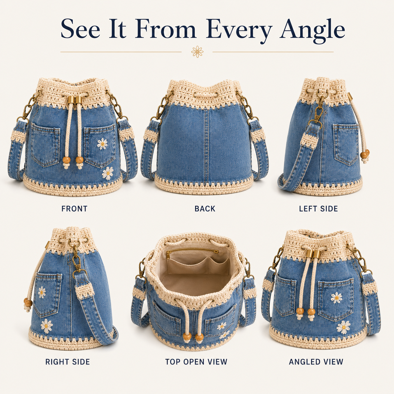 Denim crochet bucket bag front back side top and interior views