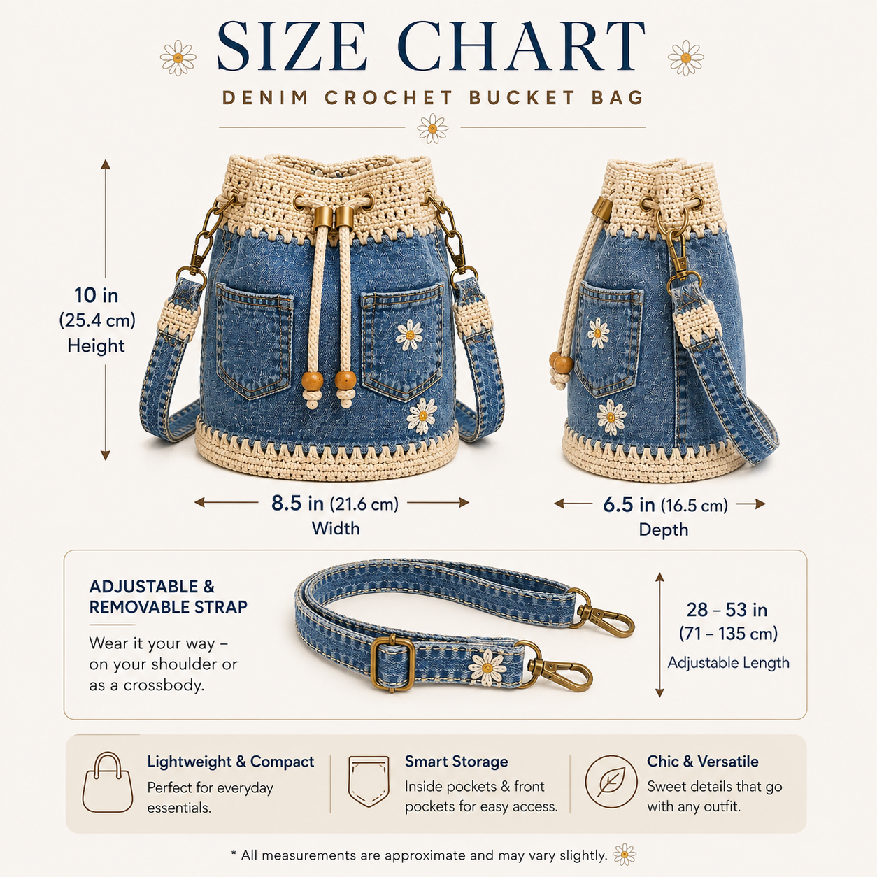 Denim crochet bucket bag size chart 10 inch height 8.5 inch width 6.5 inch depth and 28 to 53 inch strap