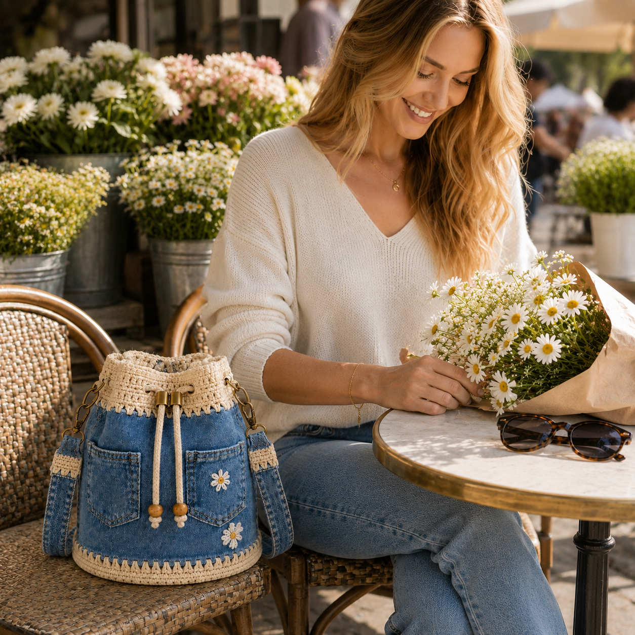 Woman with denim crochet bucket bag at flower market cafe