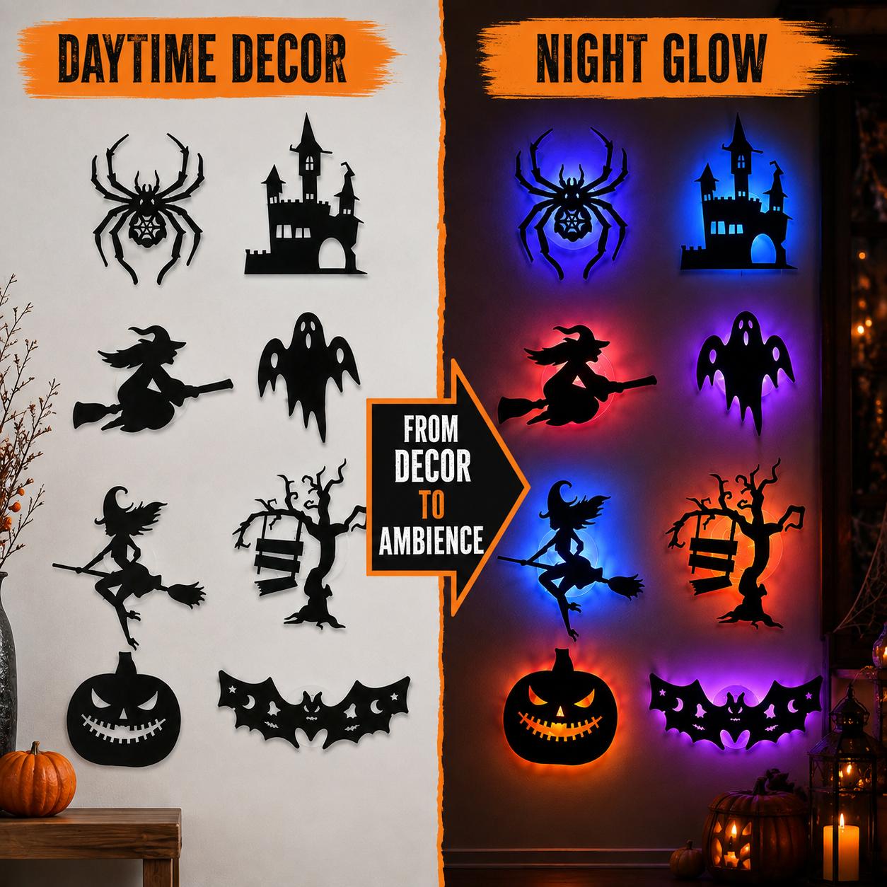 8 Pack Halloween LED Silhouette Wall Light Stickers, Battery Powered Peel & Stick Decor Lights