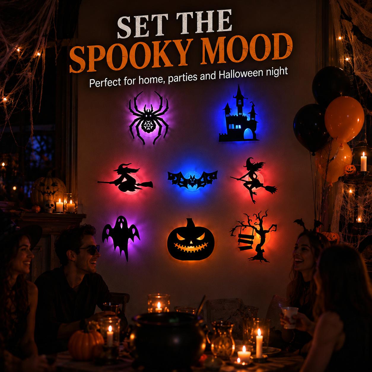 8 Pack Halloween LED Silhouette Wall Light Stickers, Battery Powered Peel & Stick Decor Lights