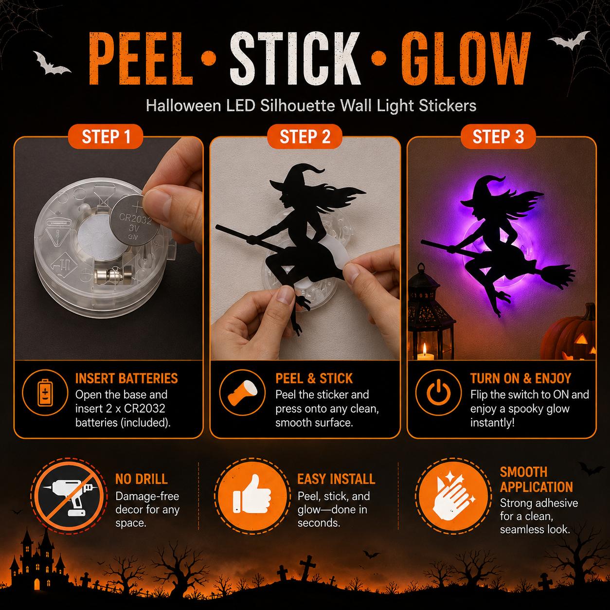 8 Pack Halloween LED Silhouette Wall Light Stickers, Battery Powered Peel & Stick Decor Lights