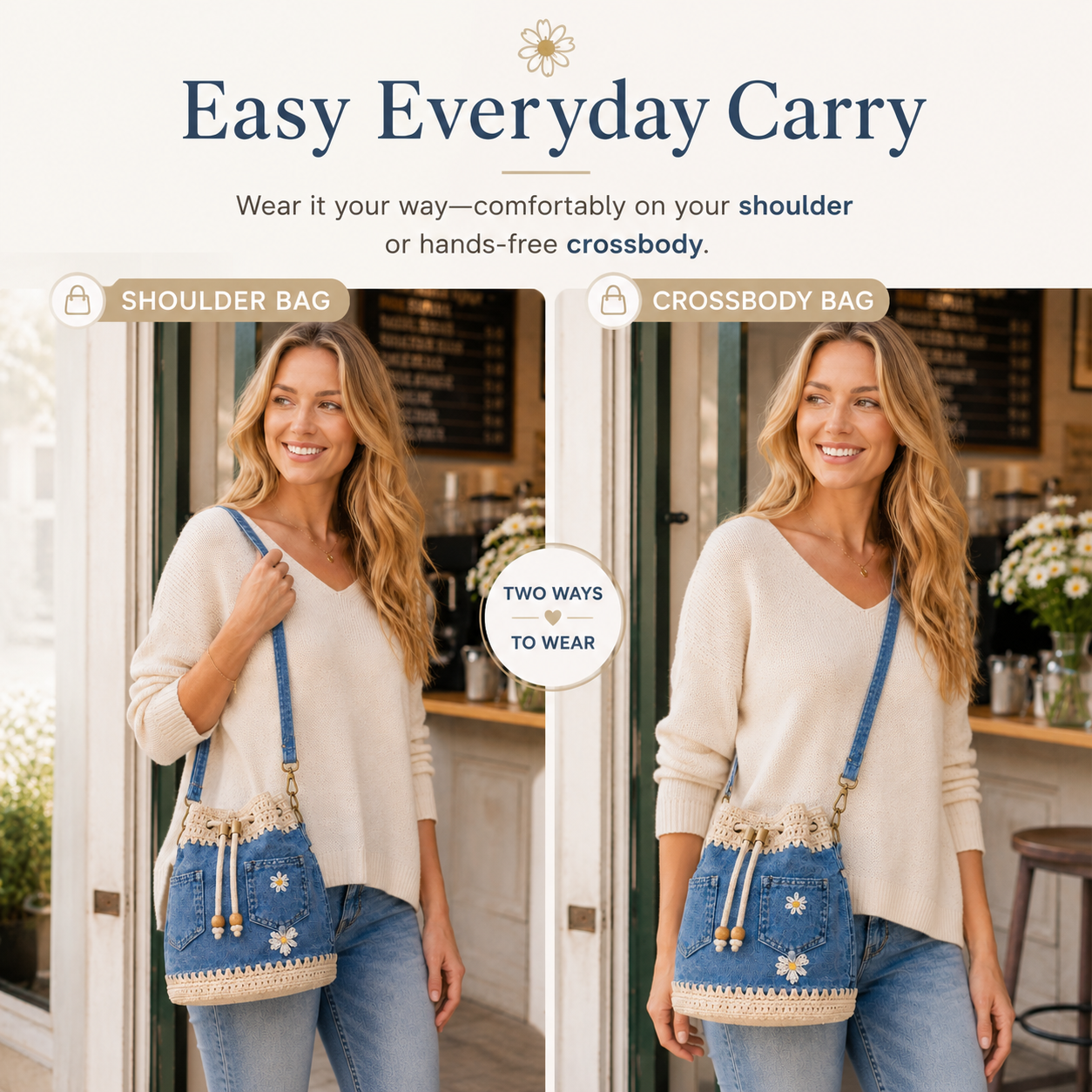 Woman wearing denim crochet bucket purse as shoulder bag and crossbody bag