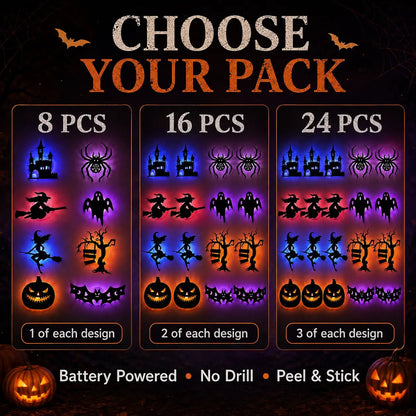 8 Pack Halloween LED Silhouette Wall Light Stickers, Battery Powered Peel & Stick Decor Lights