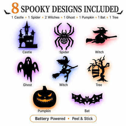 8 Pack Halloween LED Silhouette Wall Light Stickers, Battery Powered Peel & Stick Decor Lights