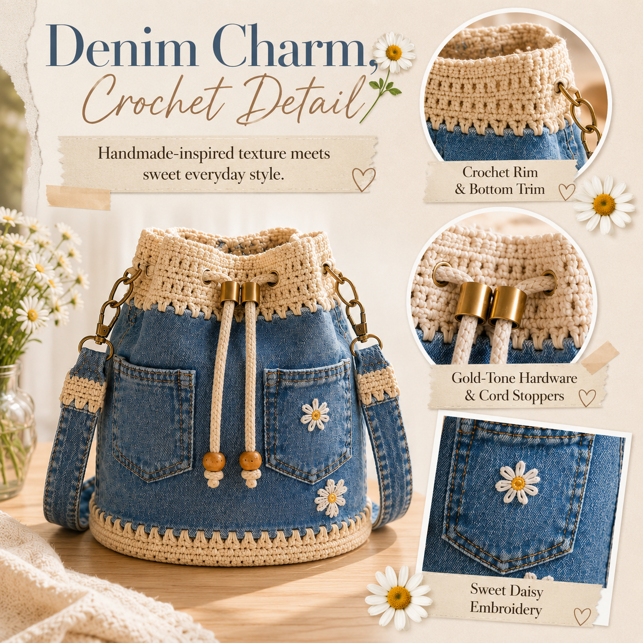 Denim crochet bucket bag details including crochet trim gold tone hardware wooden beads and daisy embroidery