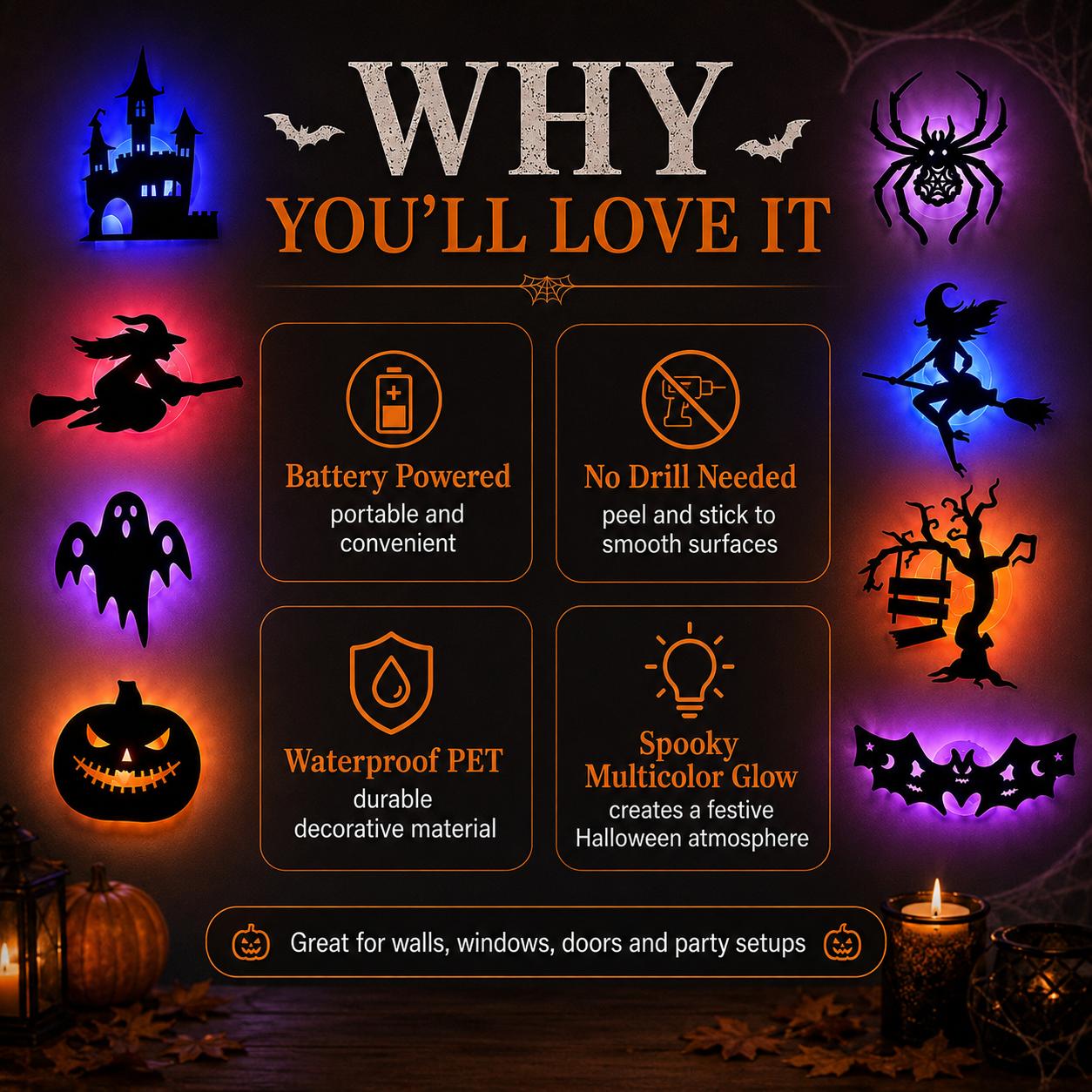 8 Pack Halloween LED Silhouette Wall Light Stickers, Battery Powered Peel & Stick Decor Lights