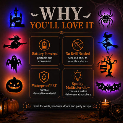 8 Pack Halloween LED Silhouette Wall Light Stickers, Battery Powered Peel & Stick Decor Lights