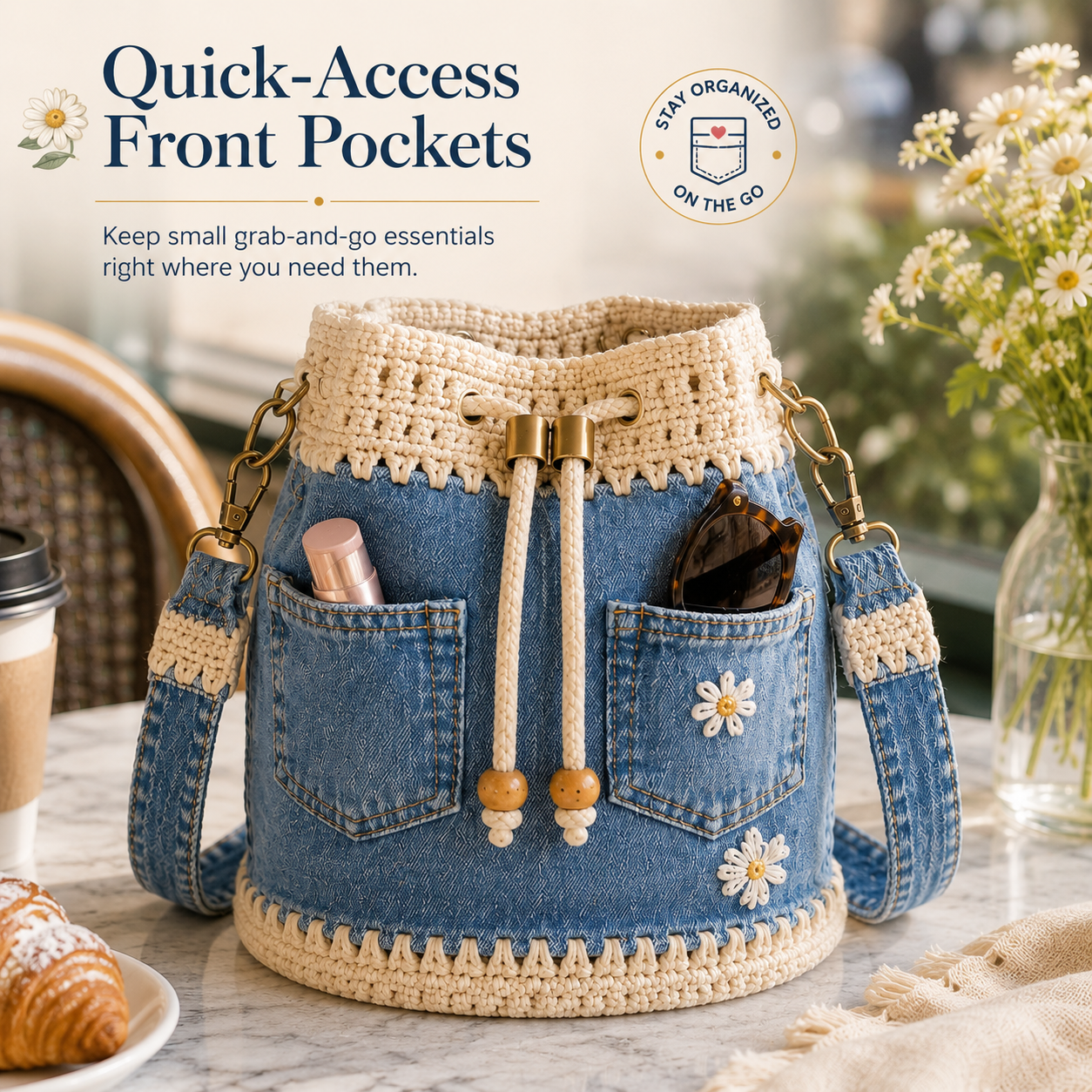 Quick access front pockets on denim crochet bucket bag holding sunglasses and cosmetics