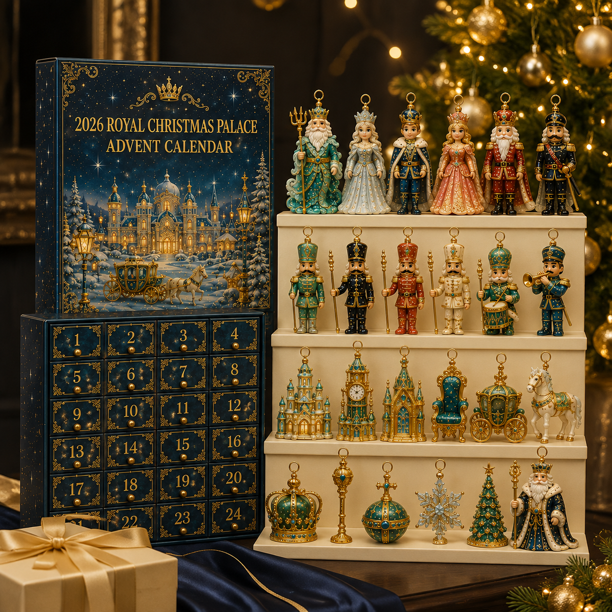 Royal Christmas Palace calendar displayed beside complete ornament collection