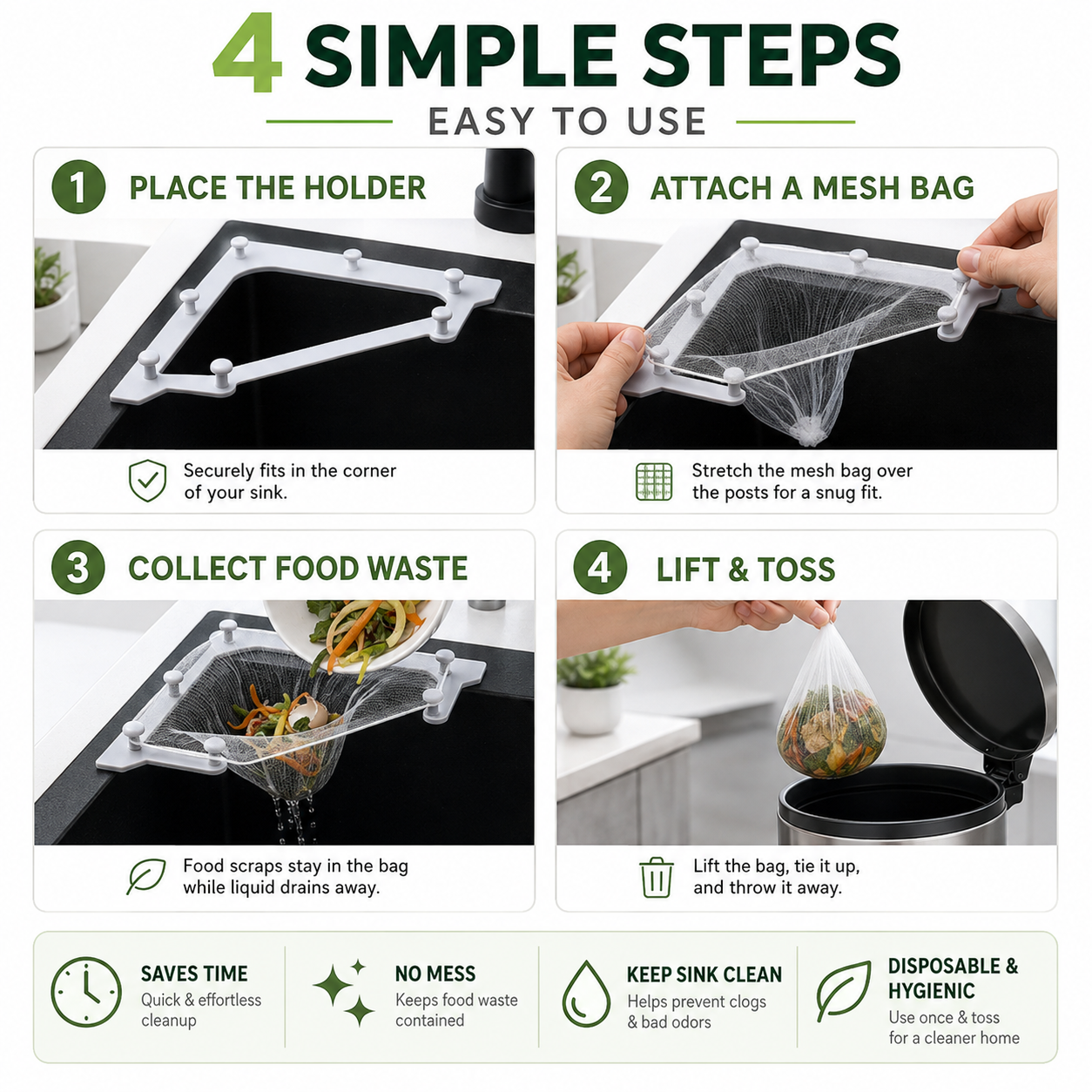 🗑️ Smart Sink Strainer Holder Kit With 50 Mesh Bags – Keep Food Scraps Away From Your Drain