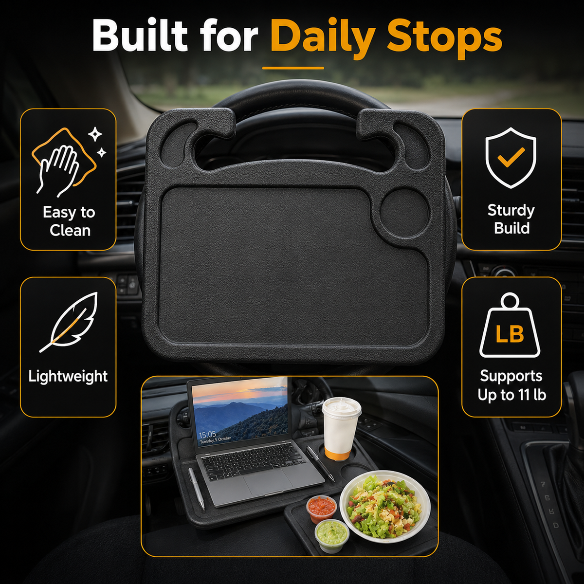 💥2-in-1 Car Steering Wheel Desk - Black ABS Plastic Food & Laptop Tray