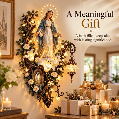 🕊️ Illuminated Virgin Mary Floral Wall Decor – Light-Up Marian Faith Wall Art