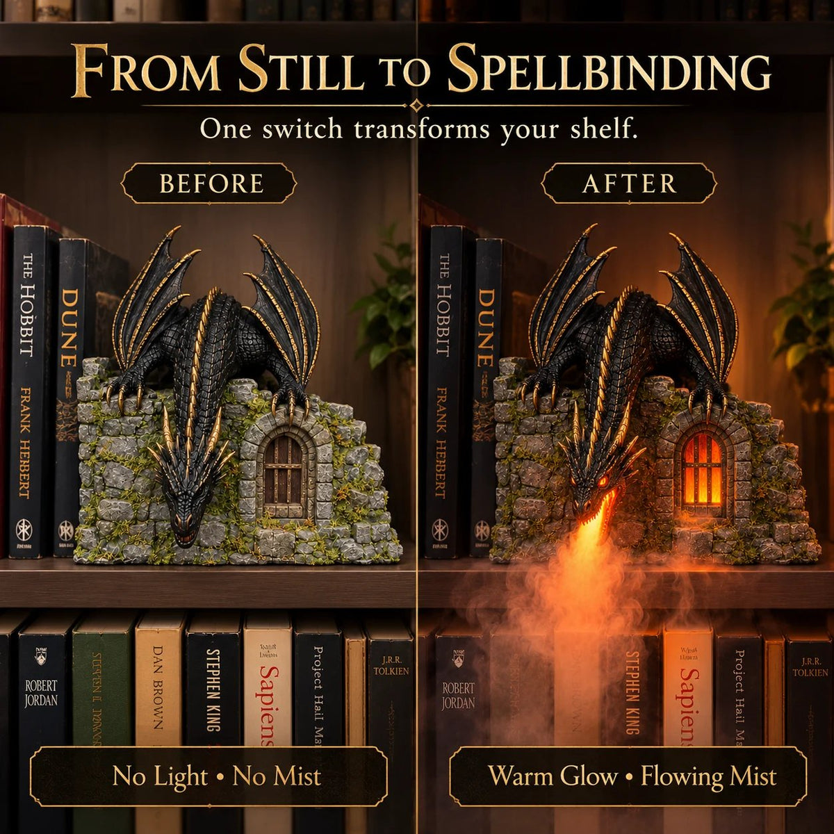 🐉 Dragon Mist Diffuser – Glowing Fire-Breathing Fantasy Bookshelf Decor