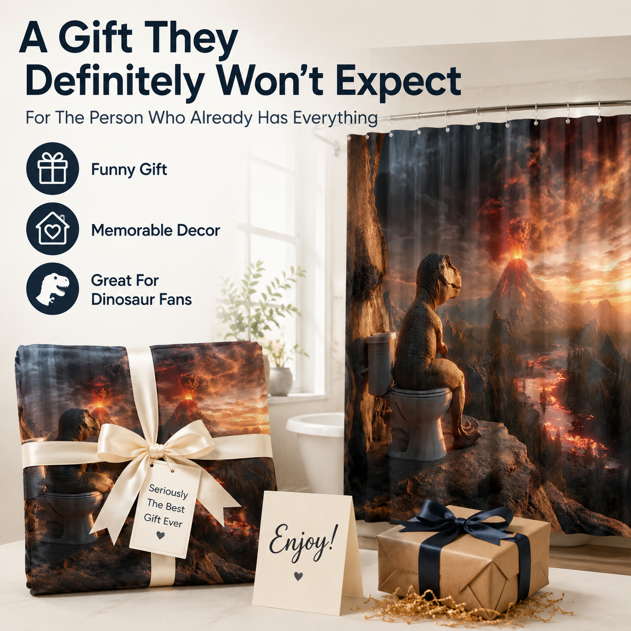 🦖Fun Dinosaur Volcano Bathroom Shower Curtain