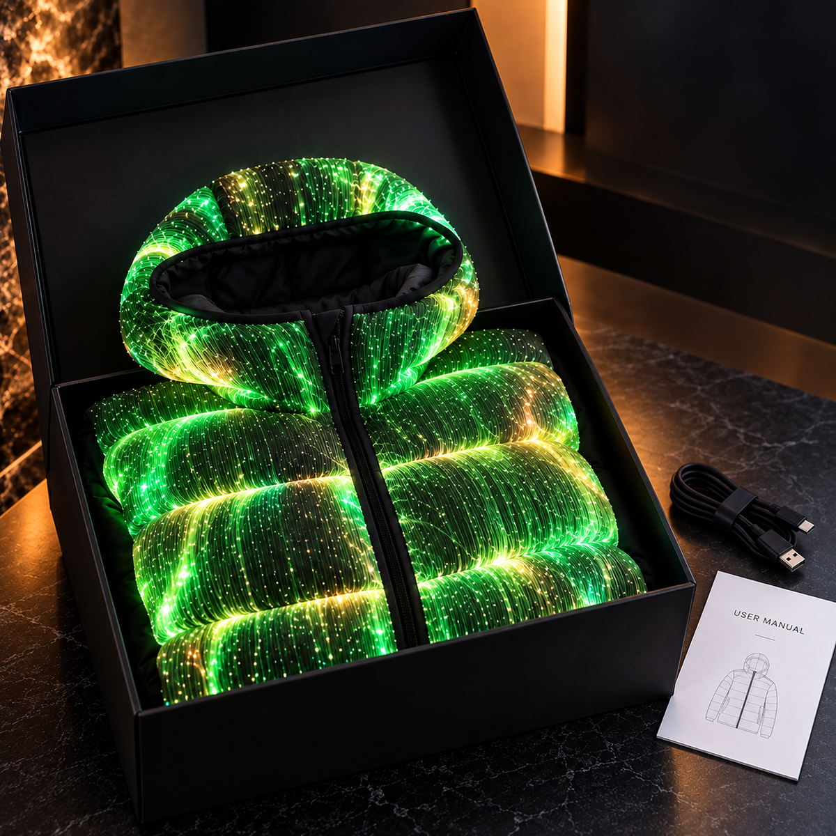 ⚡🌌LED Light-Up Puffer Jacket – All-Over Fiber Optic Glow, Hooded Winter Coat for Festivals & Nightlife ✨