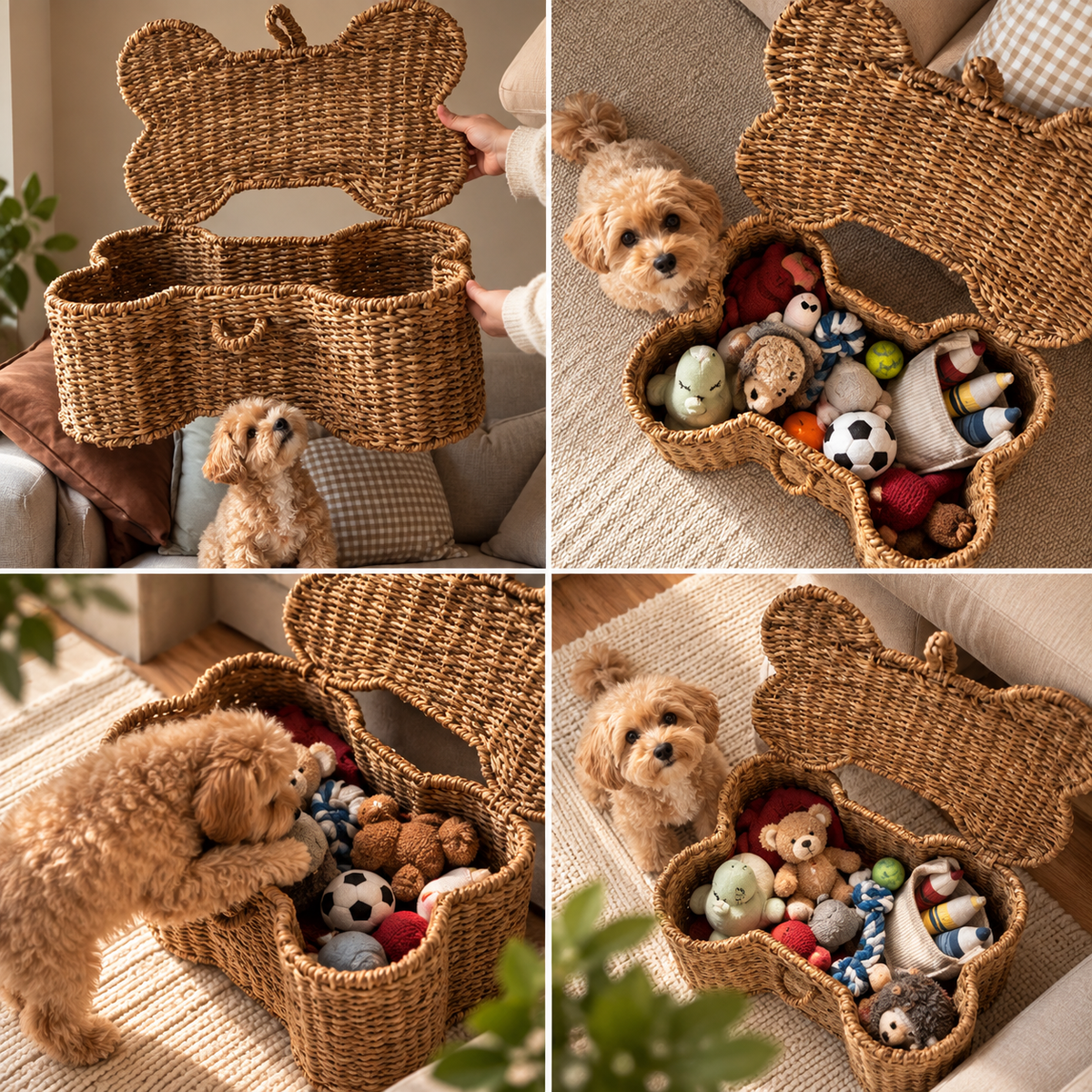 Multiple lifestyle views of woven bone shaped dog toy storage basket