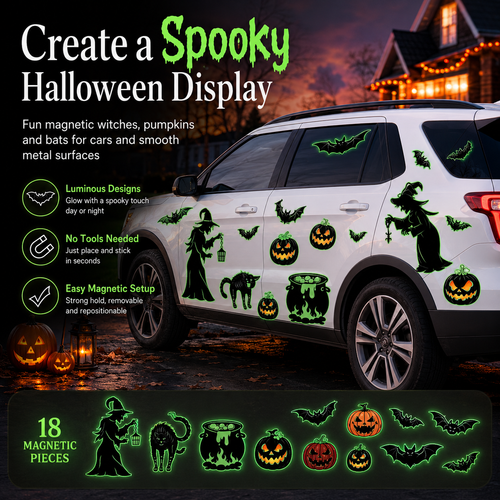 Halloween Magnets for Car & Fridge – 16-Pack Glow-in-the-Dark | Witches, Pumpkins, Bats