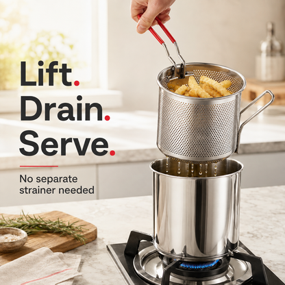 🔥Personal Mini Deep Fryer Set – Stainless Steel Pot with Lift-Out Draining Basket & Food Tongs