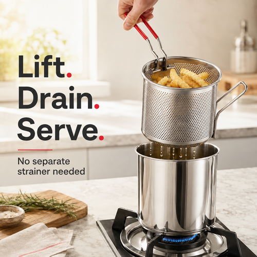 🔥Personal Mini Deep Fryer Set – Stainless Steel Pot with Lift-Out Draining Basket & Food Tongs