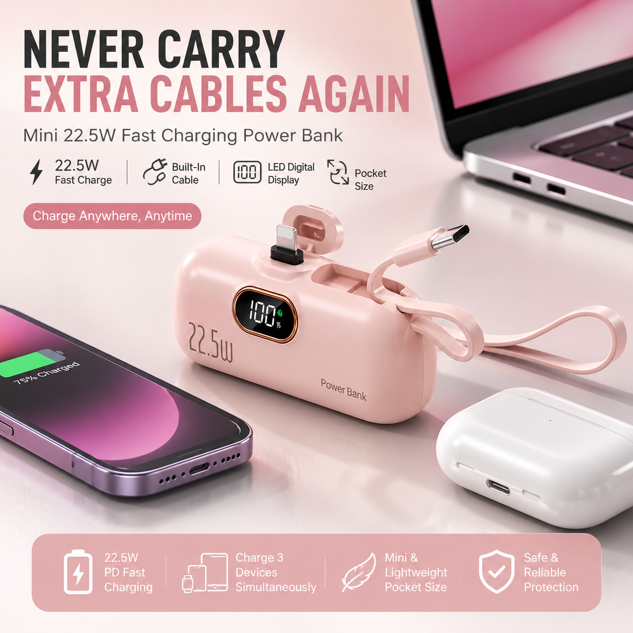 🔋 Pocket Power Bank With Built-In Cable – 22.5W Fast Charging