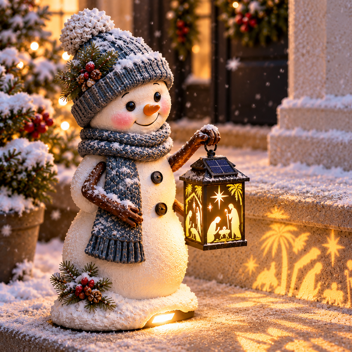 ⛄ Last Day 49% Snowman Nativity Glow™✨ – Solar Christmas Step Light with Holy Family Projection