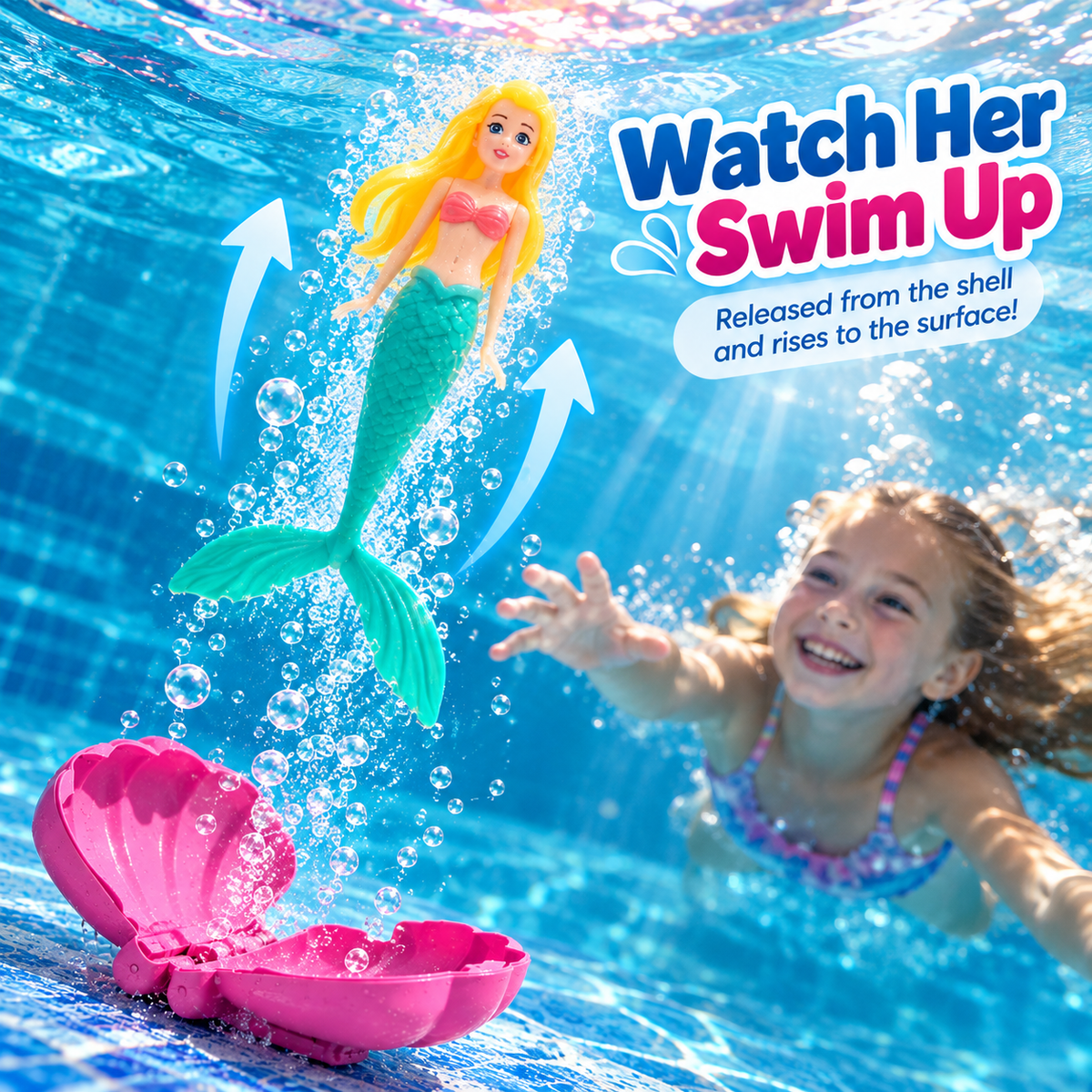 Mermaid toy rising toward the water surface after release from shell