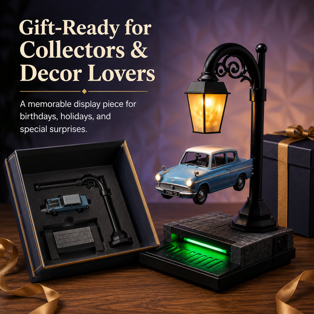🚗✨ Floating-Look Retro Car Streetlamp Display – Warm Light Collector Desk Decor