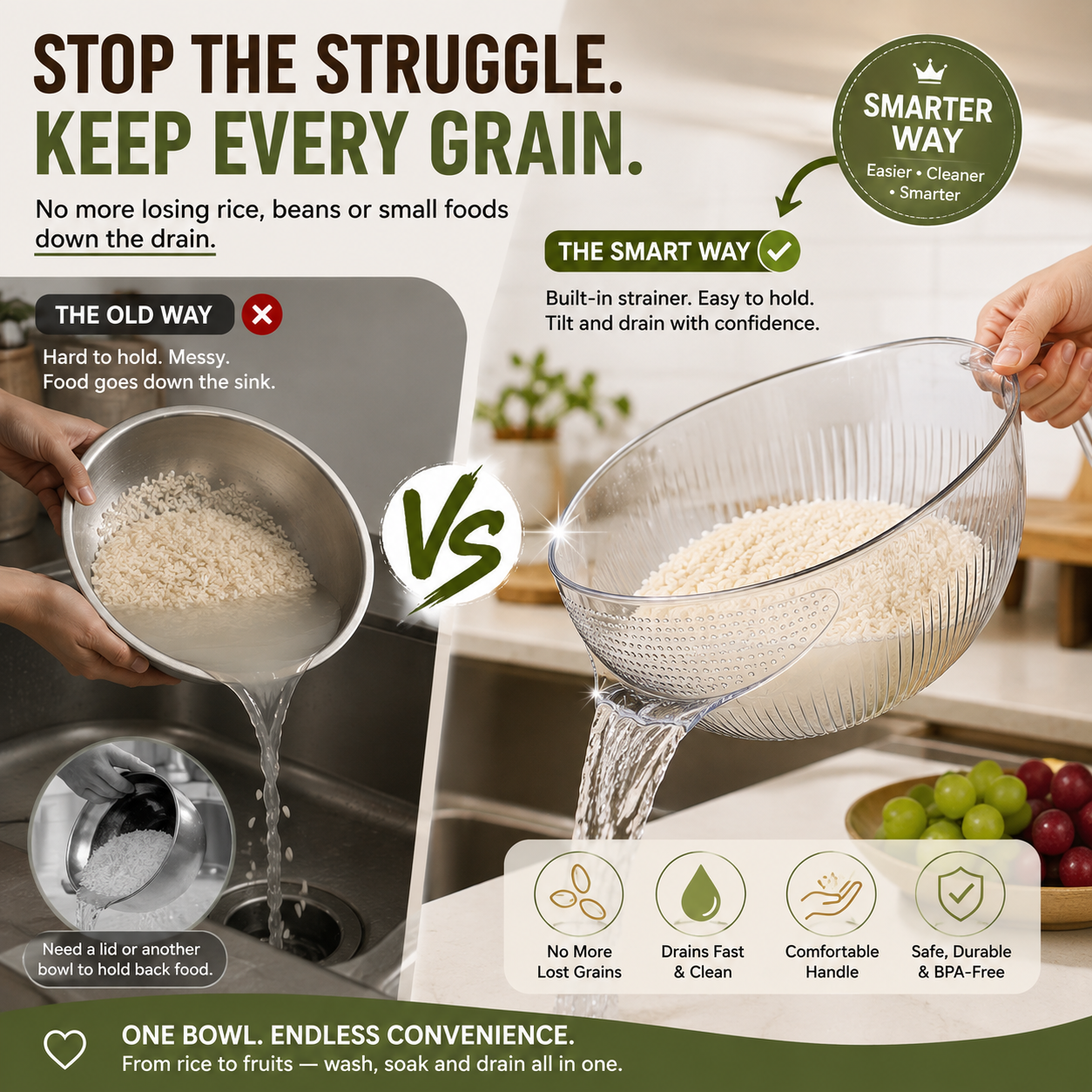 🥗 Multi-Purpose Kitchen Colander Bowl – Food Strainer Basket for Washing, Draining & Serving Fruits, Vegetables & Pasta
