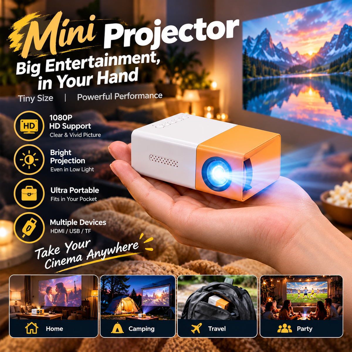 🎬 2026 Portable Mini Projector – USB-Powered, 5 Colors | Cozy Movie Nights